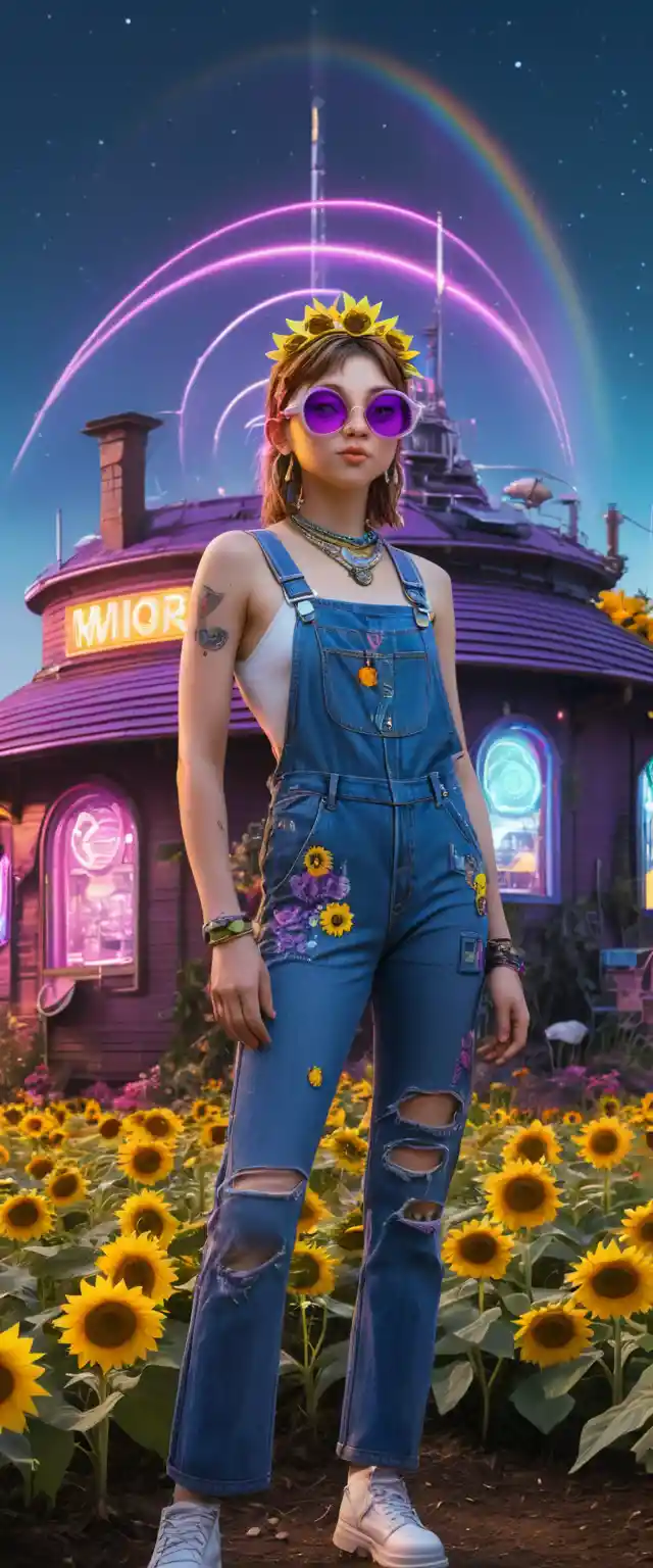 Bohemian woman in cyberpunk countryside with neon robot