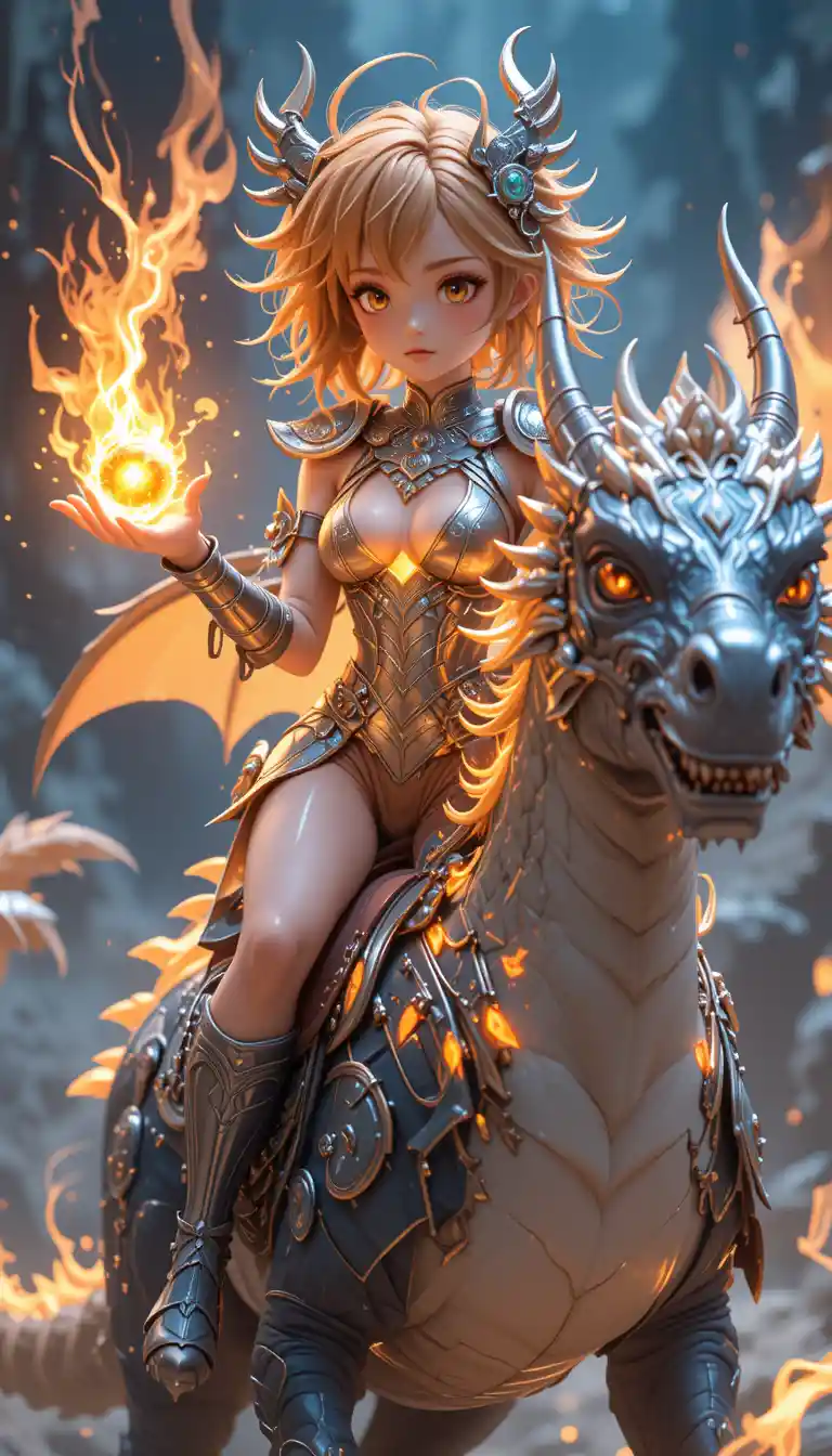 Anime flame sorceress riding a glowing fantasy dragon