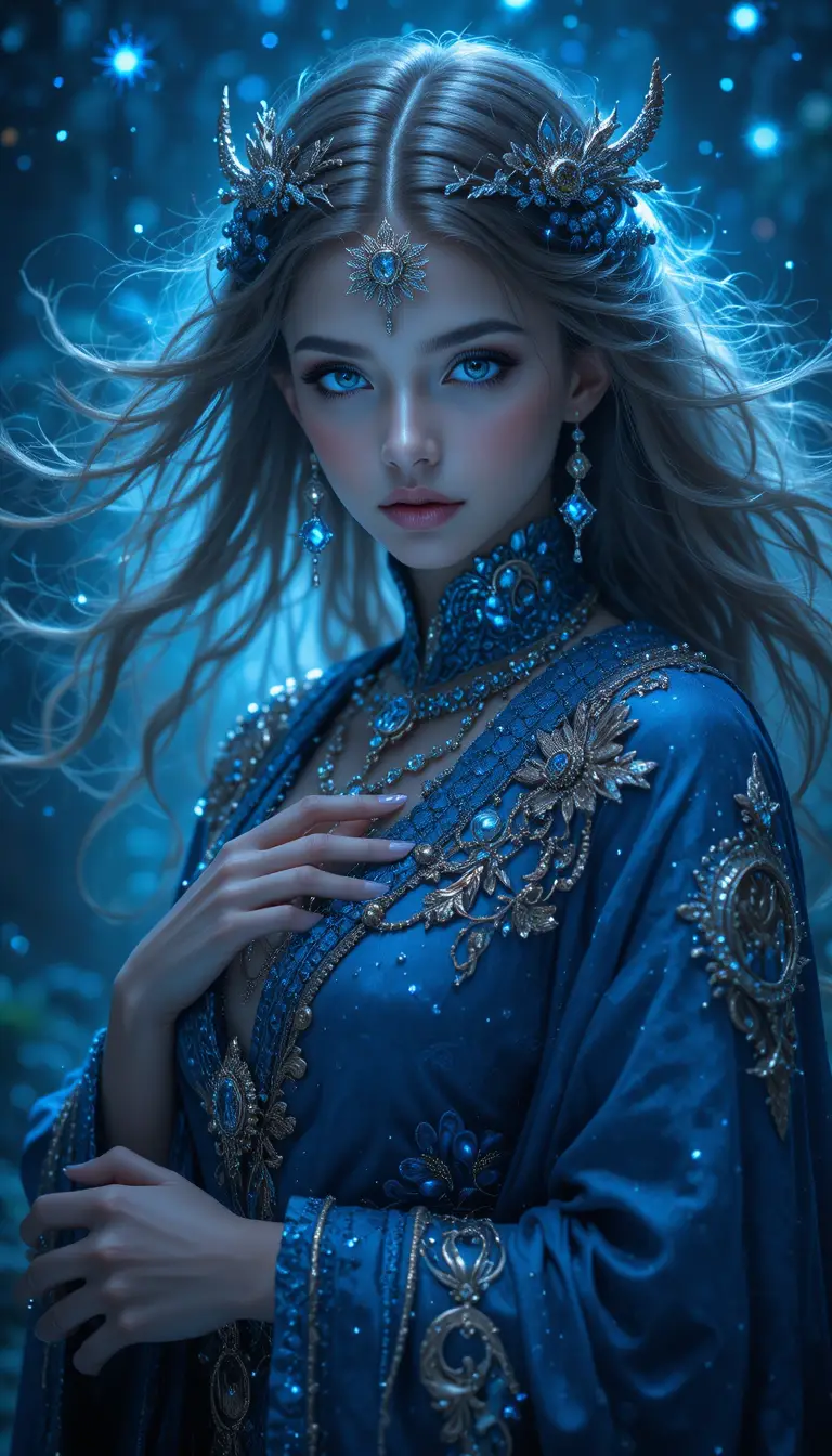 Mysterious blue eyed woman in a jeweled mystic robe