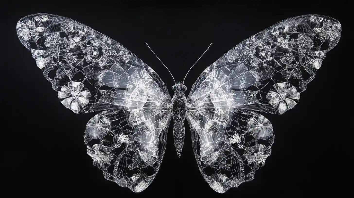 Surreal butterfly wings made of botanical and celestial patterns