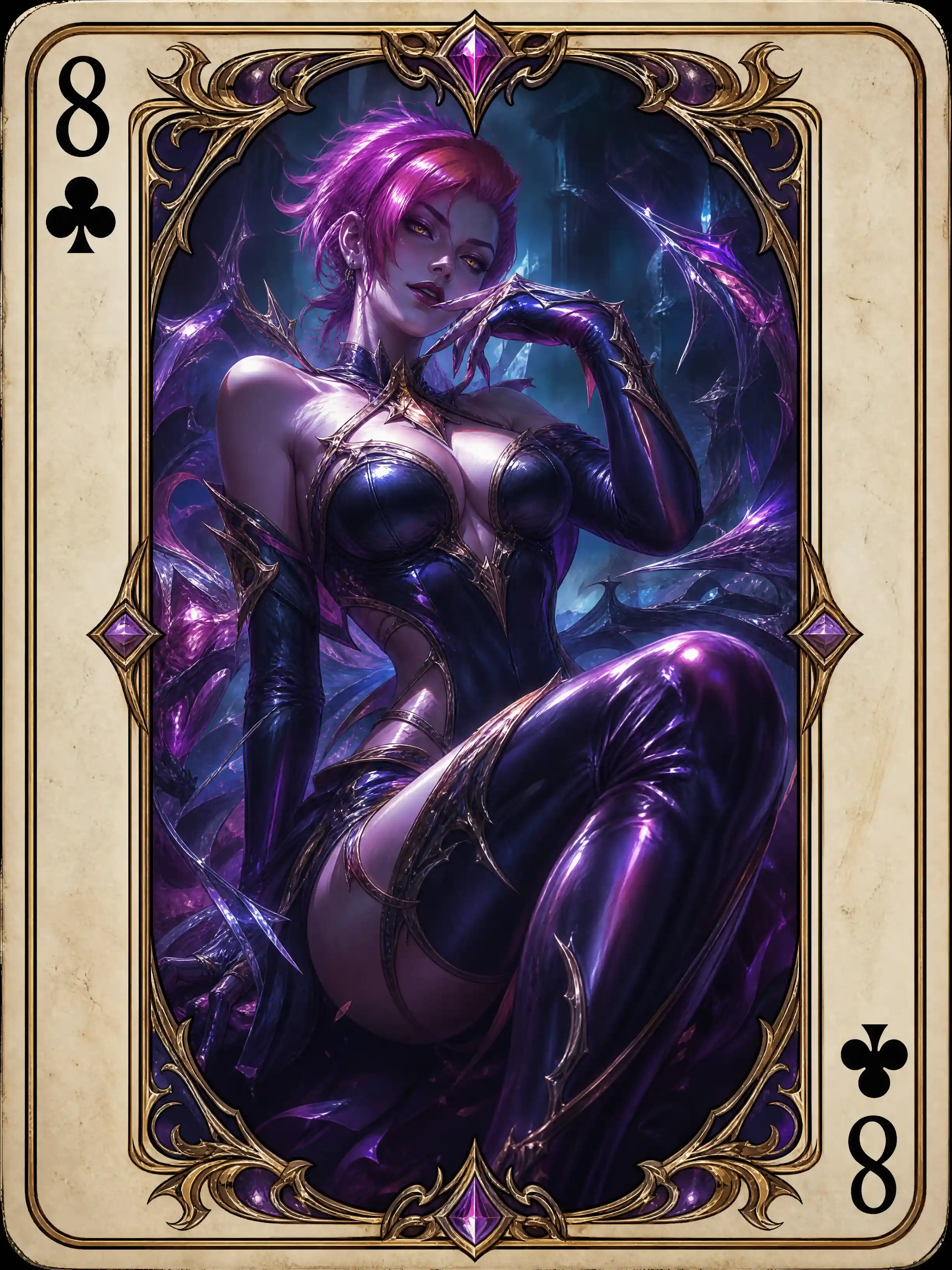 Epic fantasy woman framed in an eight of clubs card