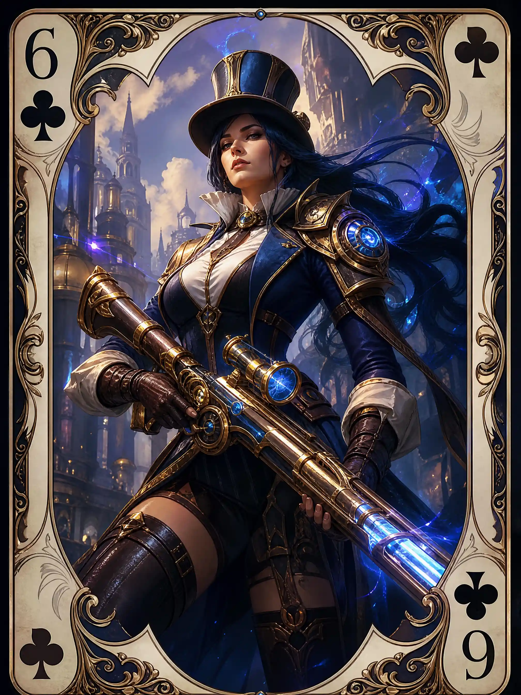 Epic fantasy woman framed in six of clubs card