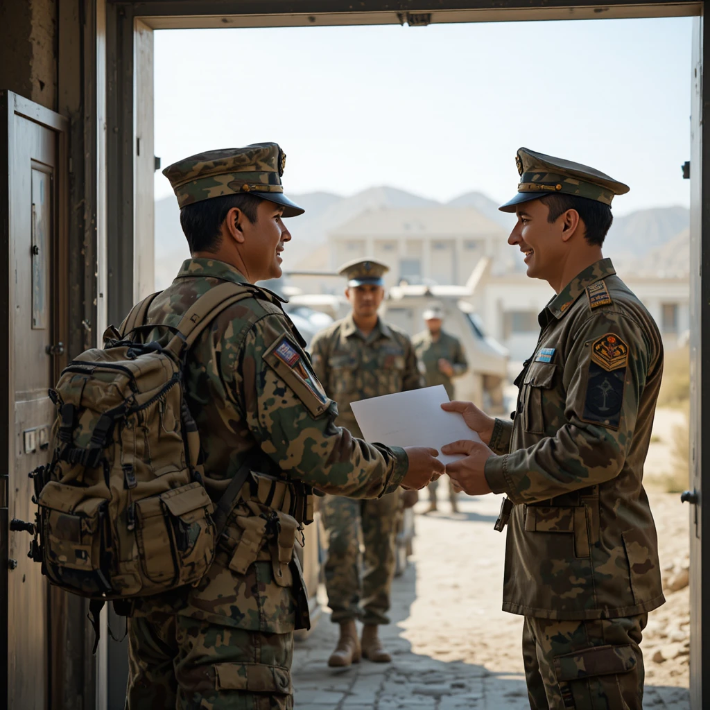 Pakistani soldier saluting while receiving leave papers