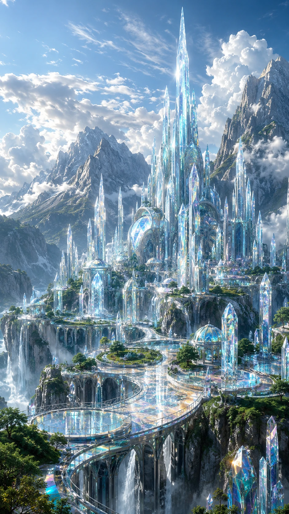 Ciudad de Cristal Futurista entre Picos de Montañas Escarpadas