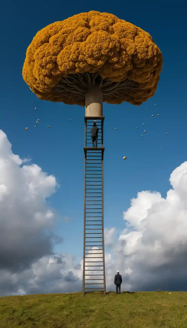 Surreal ladder rising from tiny mushroom into glowing aurora sky