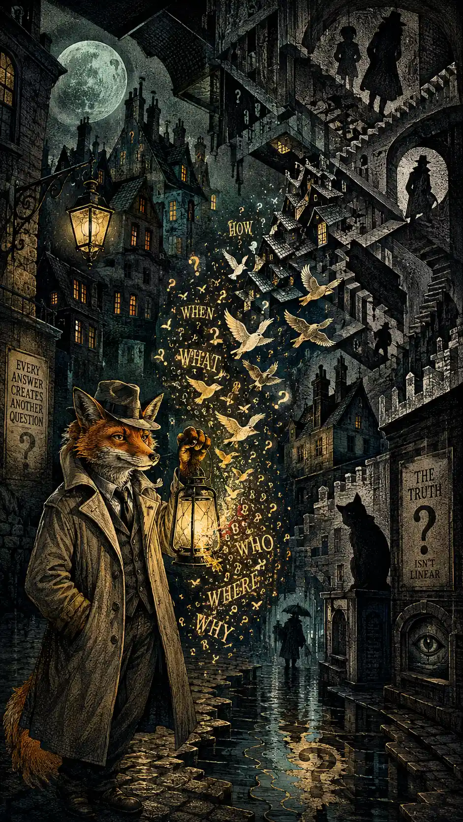 Detective fox with lantern in a crooked moonlit village