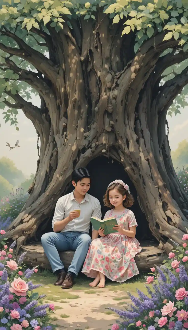 Girl reading to her doll under a blooming tree