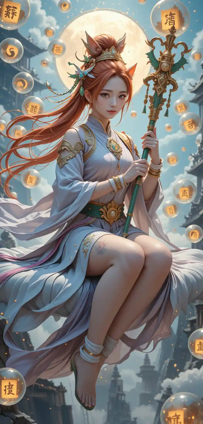 Anthropomorphic feline daoist warrior on floating mystic cloud