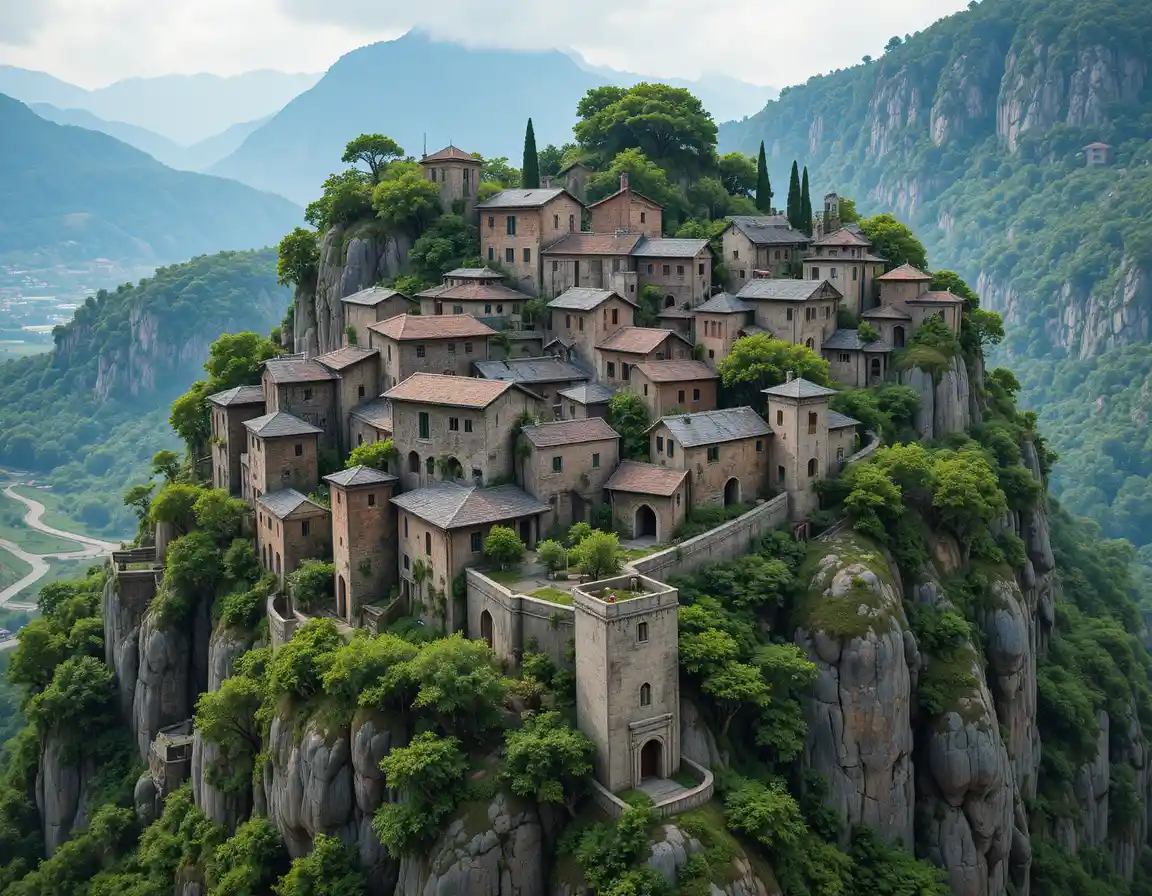 Vista aerea di una storica fortezza di pietra sulla montagna