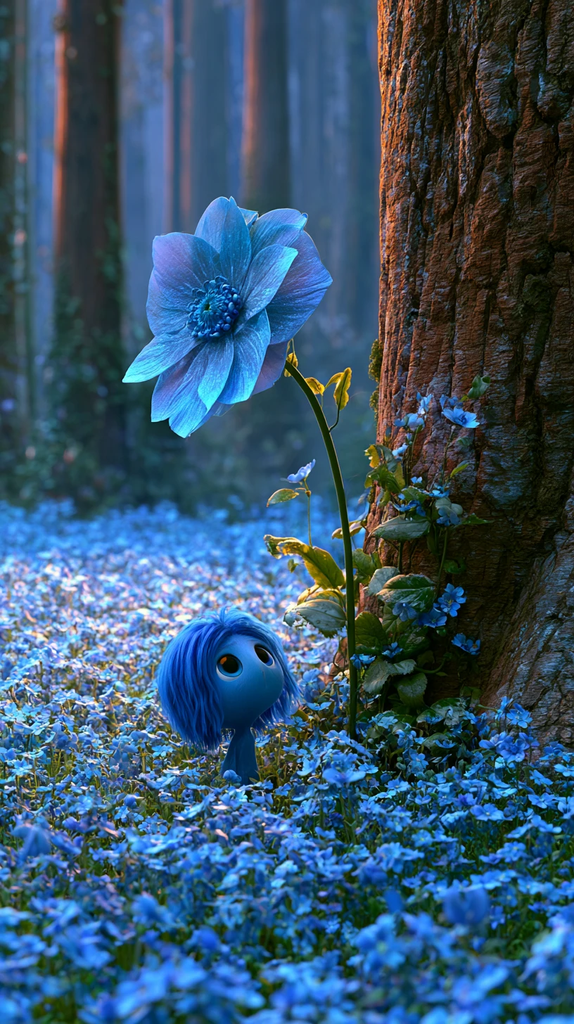 Tiny blue furred fantasy creature under a forest flower