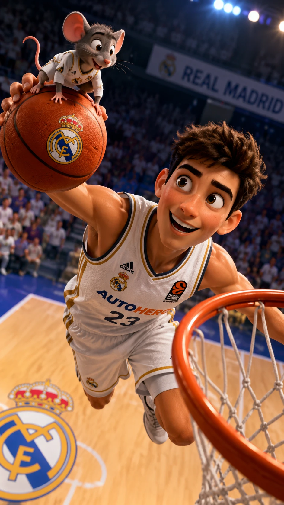 Basketballspieler und Maus teilen einen Moment am Korb