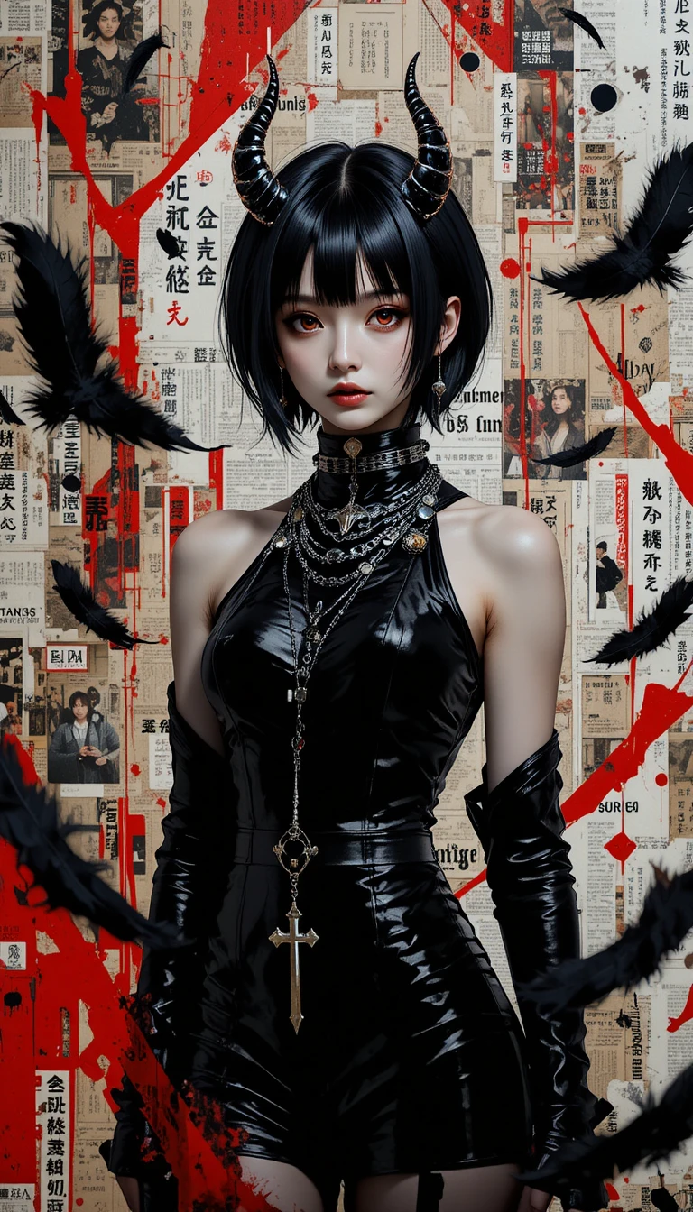 Fille anime démoniaque à cornes et aux yeux rouges dans un collage abstrait