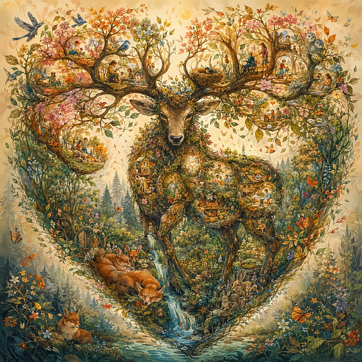 Majestic stag with flowering antlers in a quiet forest clearing