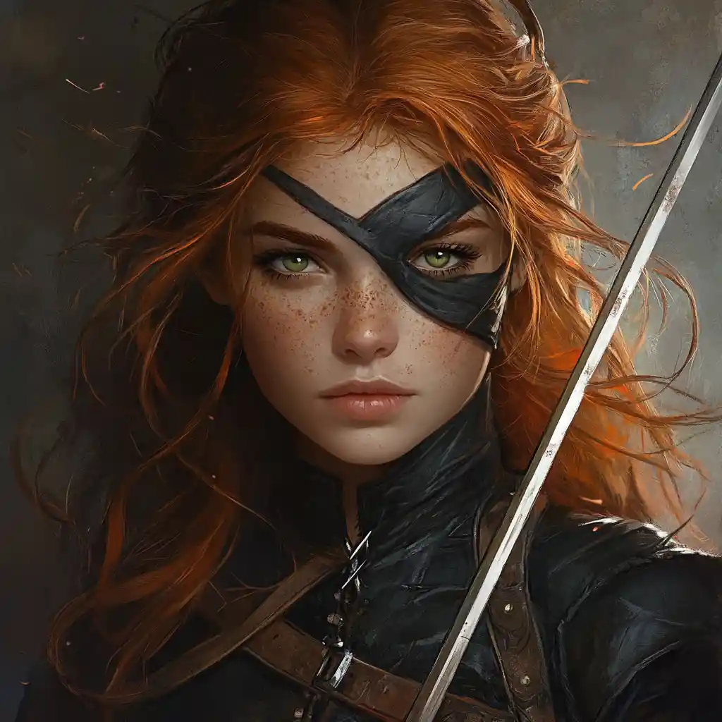 Redheaded rogue woman with mask and twin blades