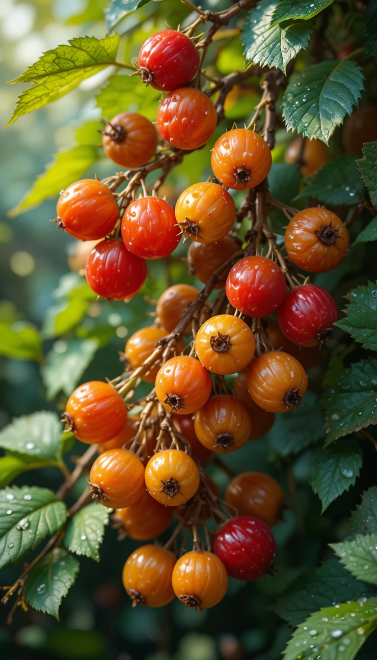 Colorful gooseberry branches with dewdrops in bright sunlight