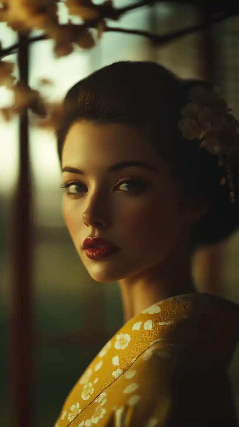 Geisha In Floral Kimono With Dramatic Belt Portrait