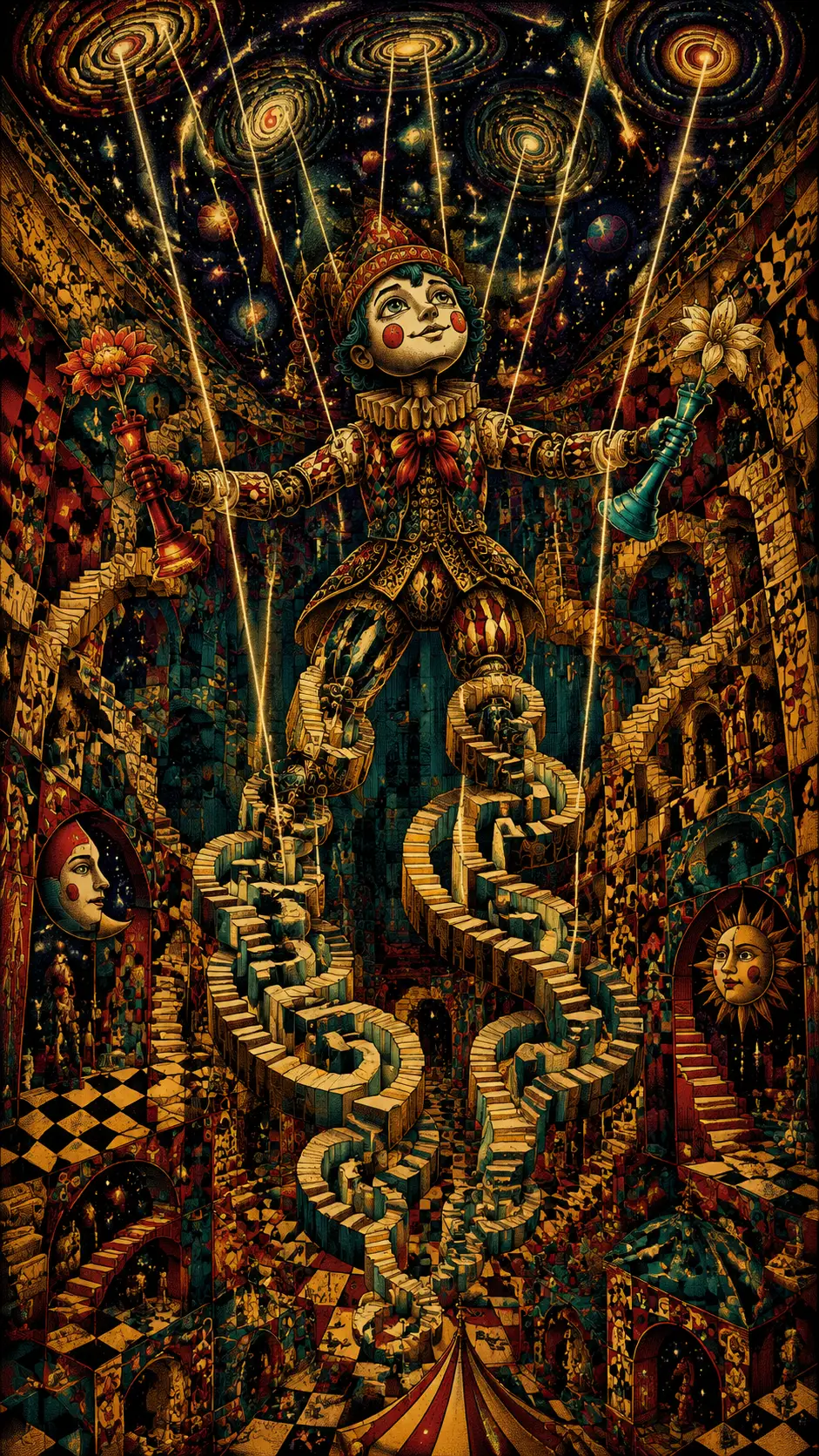 Surreale Puppe aus Spielen und Labyrinthen, schwebend im Raum