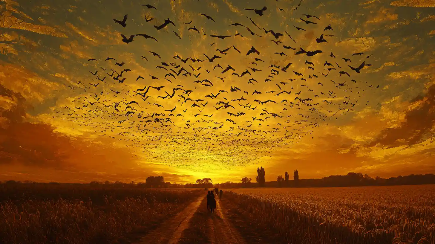 Cranes Crossing A Tranquil Evening Sky Above Fields