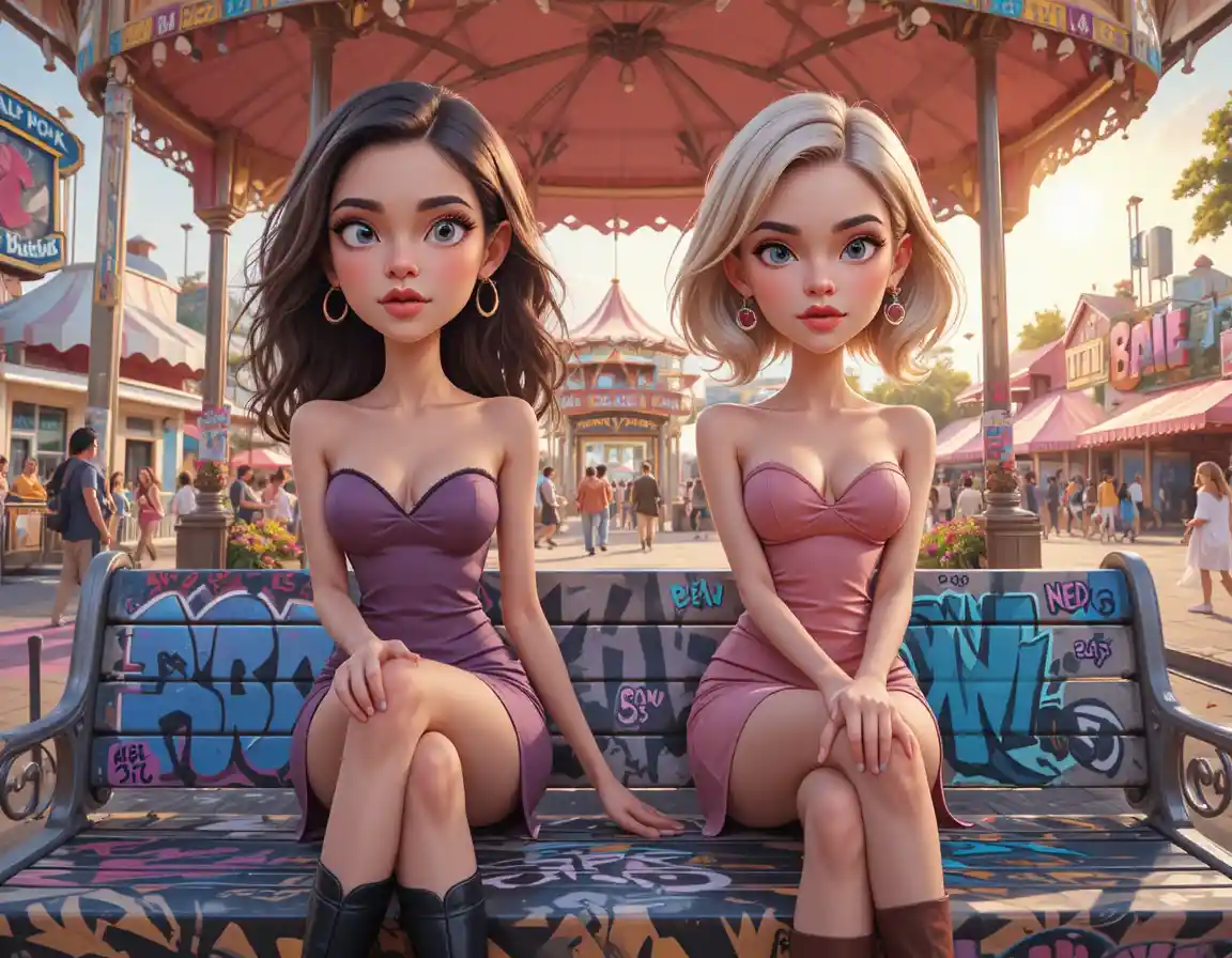 Two girls with cotton candy on a graffiti bench