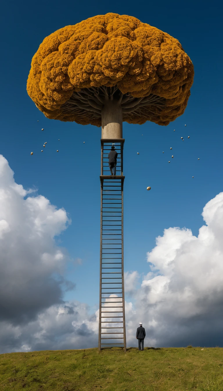Surreal ladder rising from tiny mushroom into glowing aurora sky