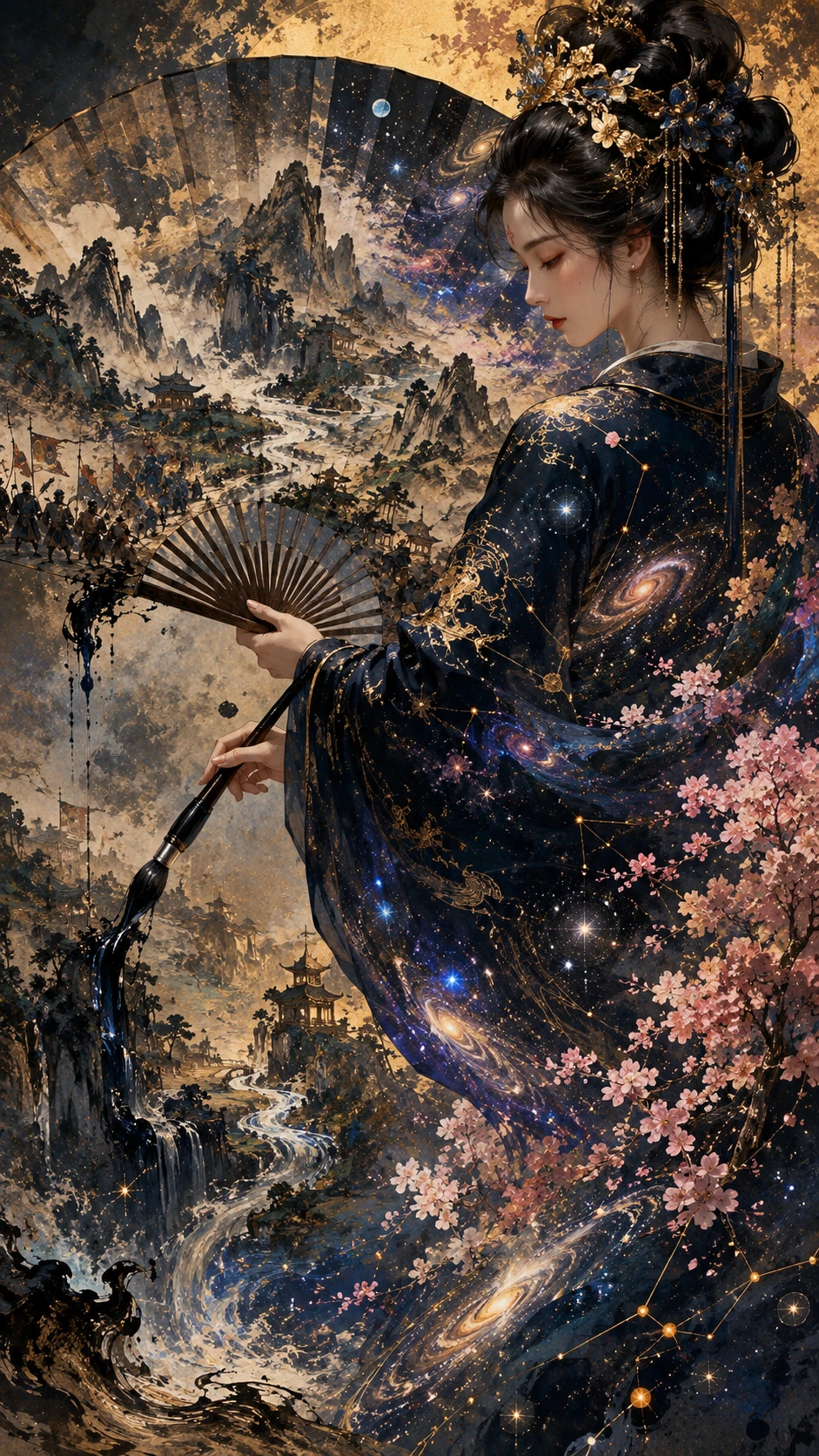 Mulher celestial pintando a realidade em um leque mágico