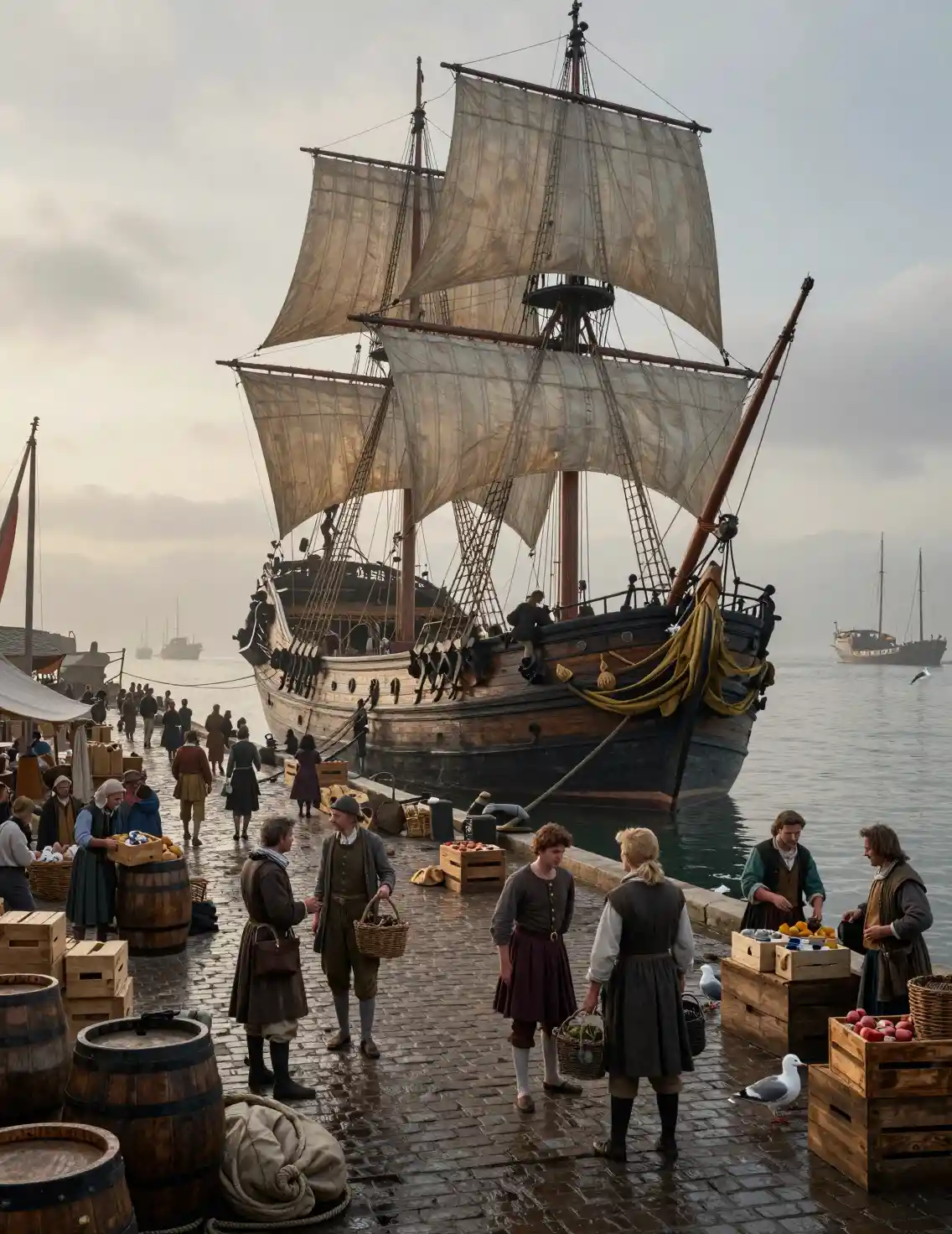 Bustling 17th century harbor market at dawn in comic style
