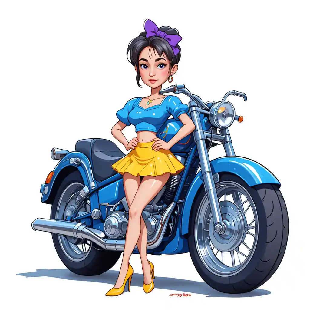 Stylized anime woman posing with a shiny blue motorcycle