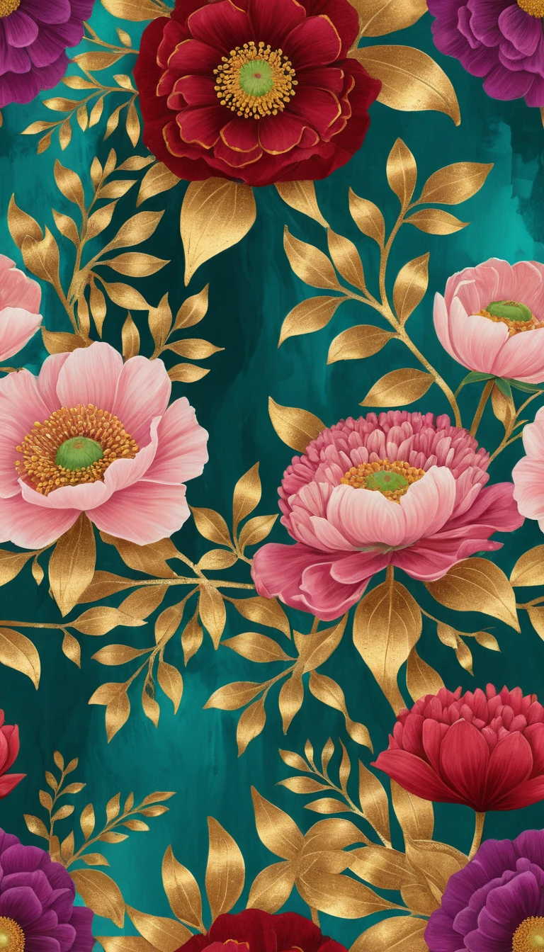 Pintura floral decorativa en ricos tonos dorados, rojos y verdes
