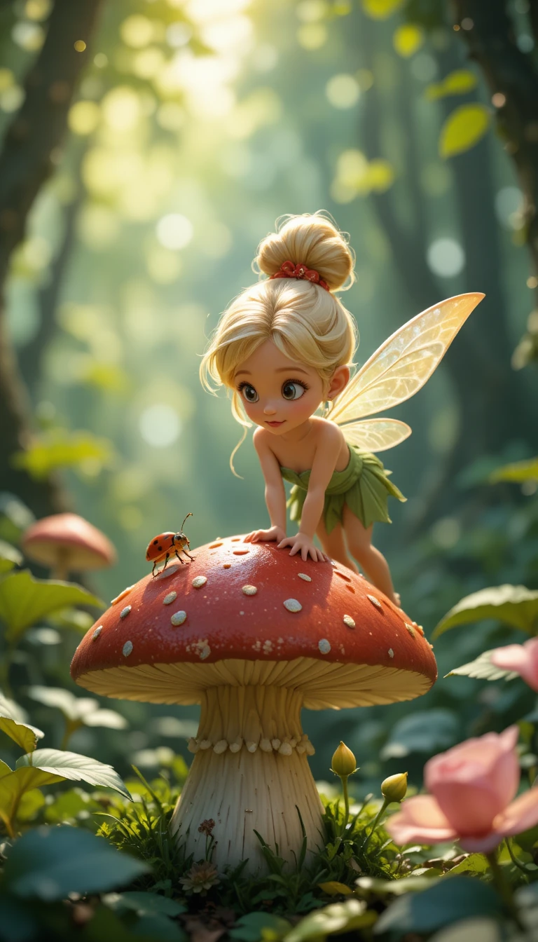 Curious forest fairy leaning over a red spotted mushroom