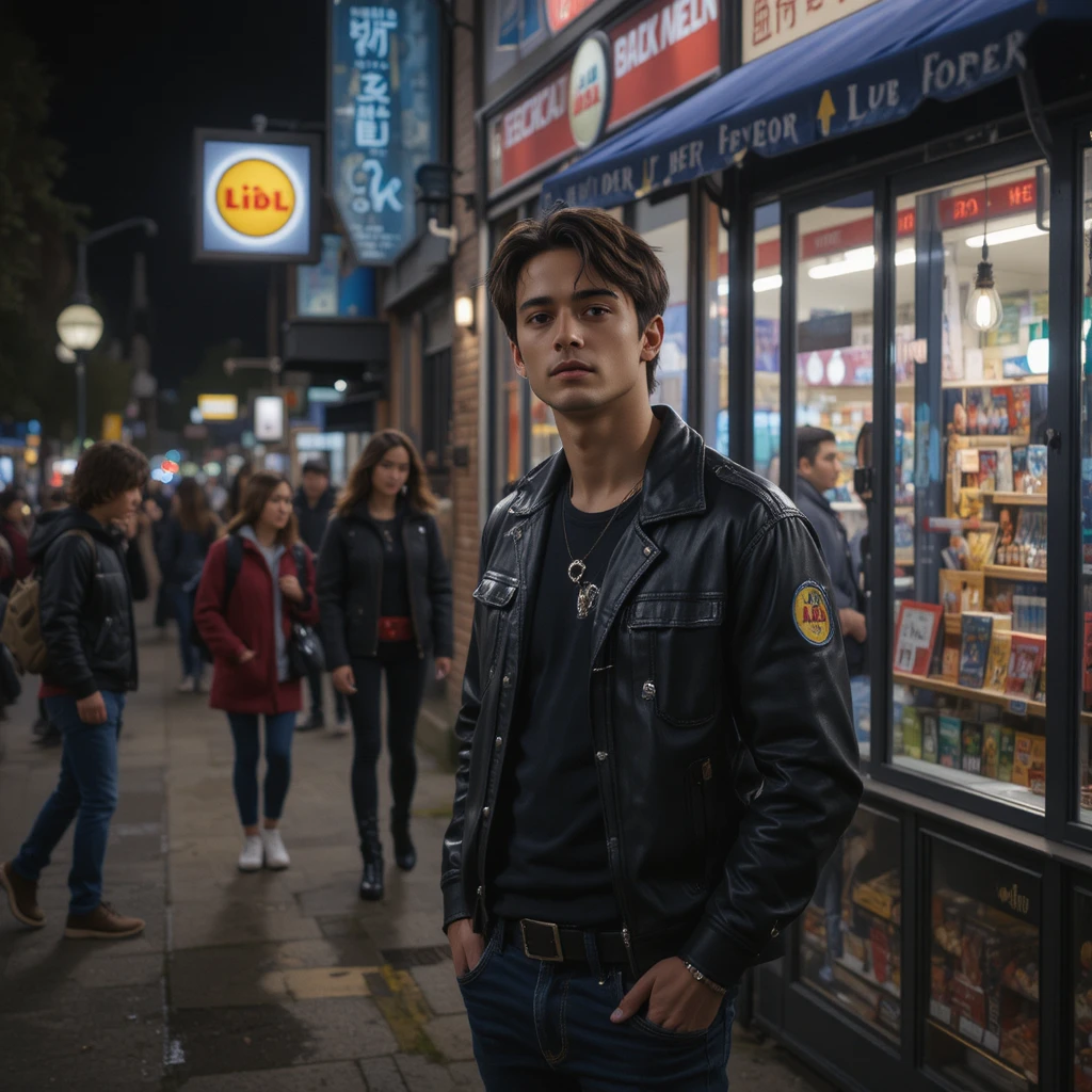 Man loitering outside a supermarket on an urban street