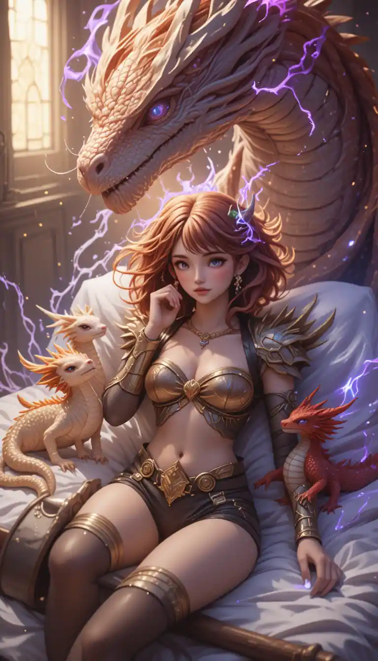 Girl waking in bed with playful baby dragon companions