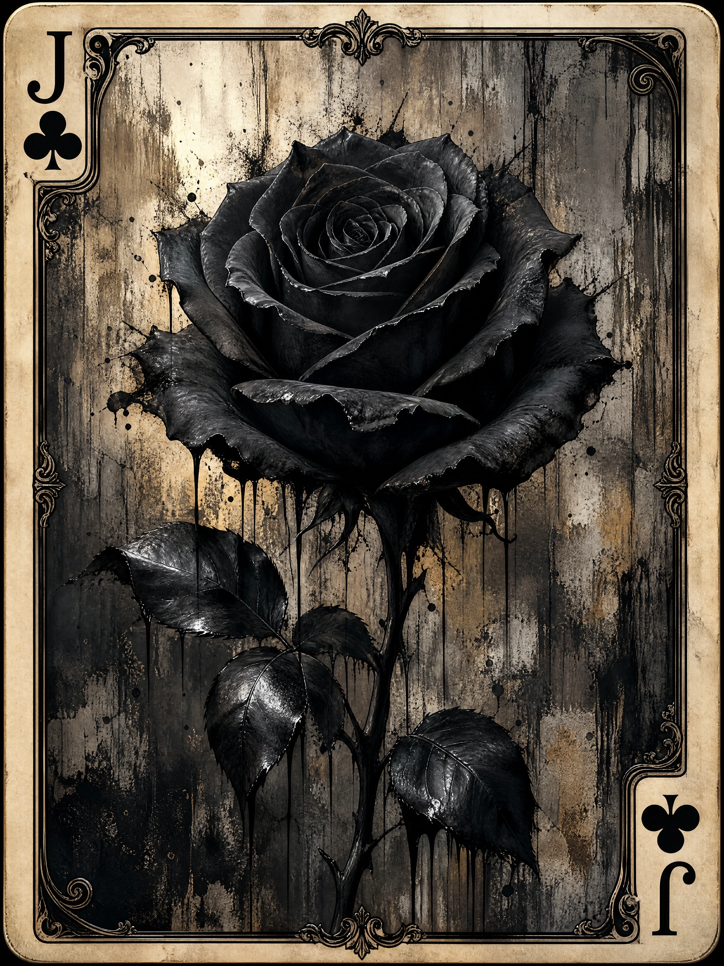 Black rose painting inside jack of clubs playing card frame