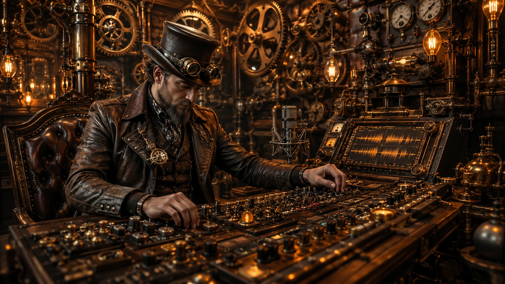Steampunk gentleman at ornate clockwork recording console