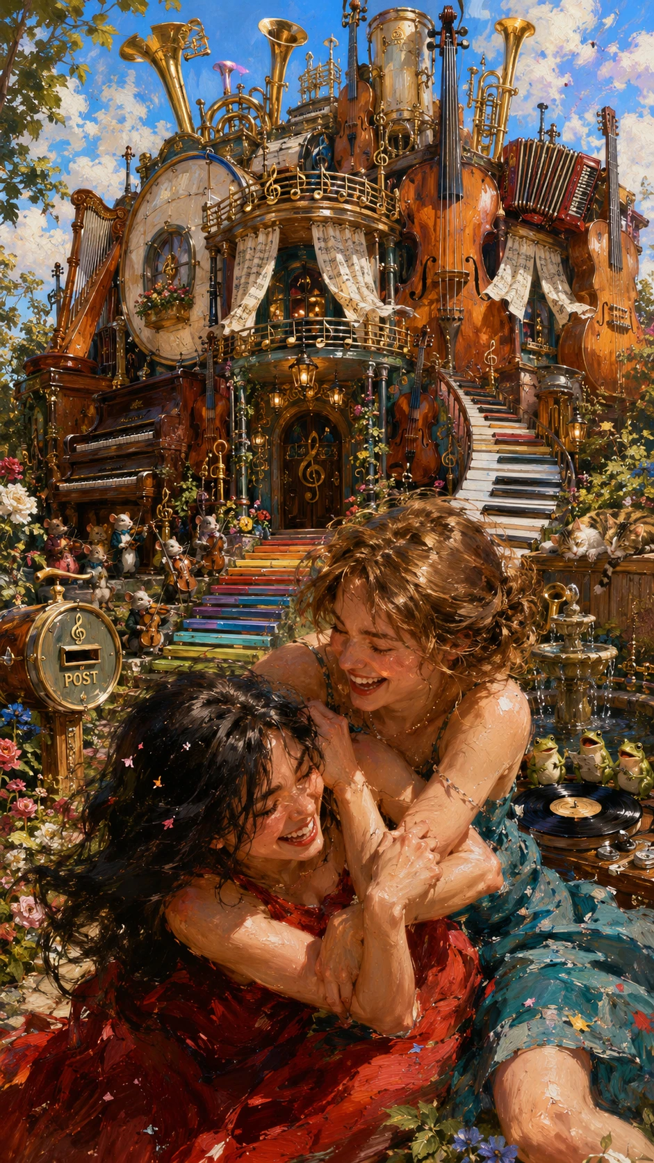 Dos mujeres felices jugando en un jardín musical de fantasía