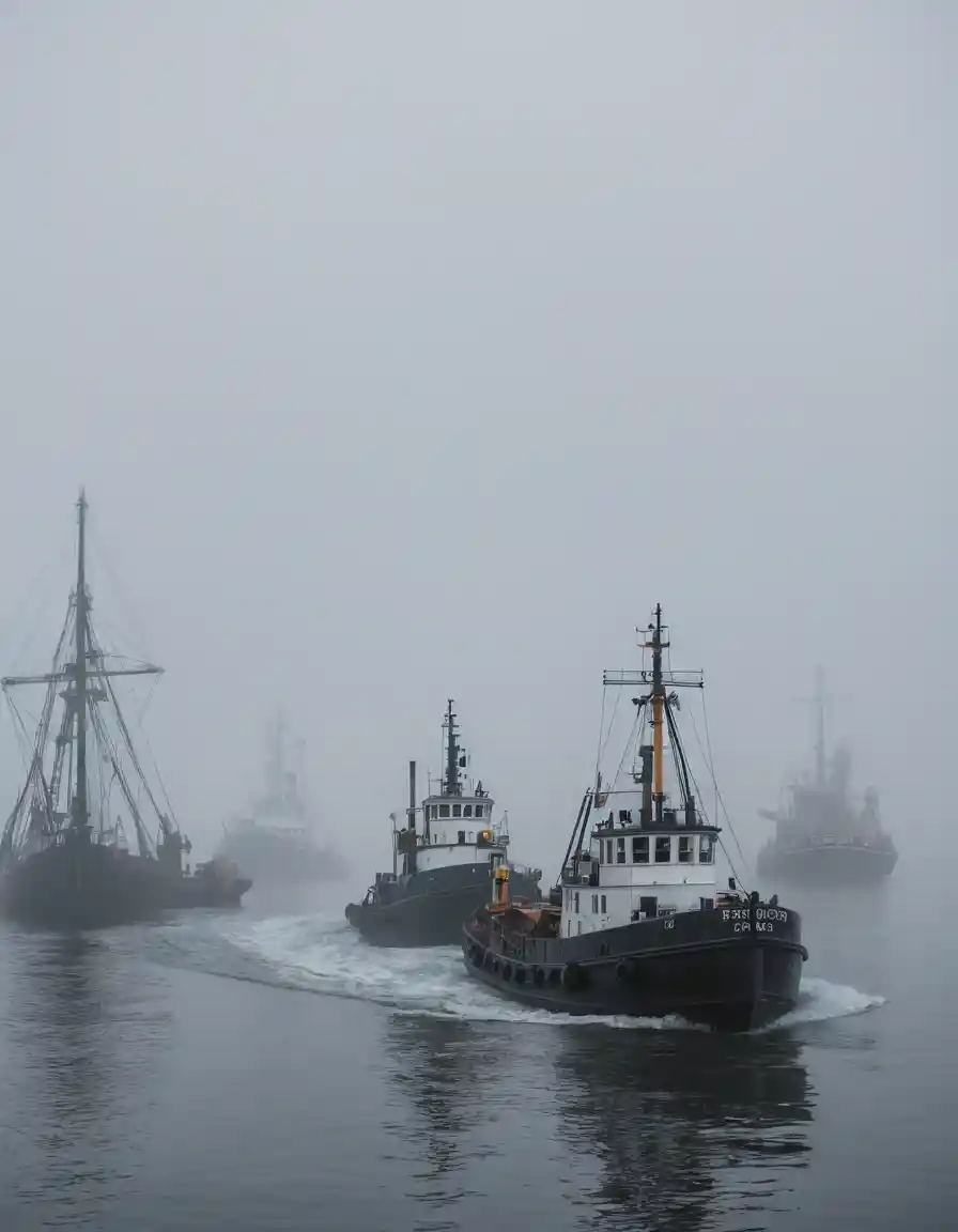 Tugboat Moving Through Heavy Fog In A Busy Harbor
