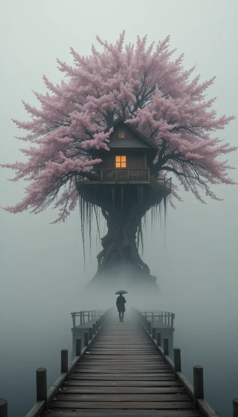 Floating cottage treehouse with glowing window and blossoms