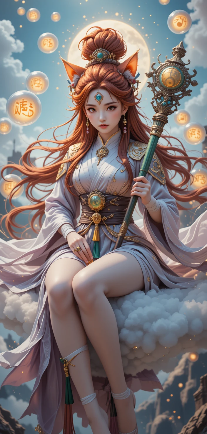 Anthropomorphic feline daoist warrior on a floating mystic cloud