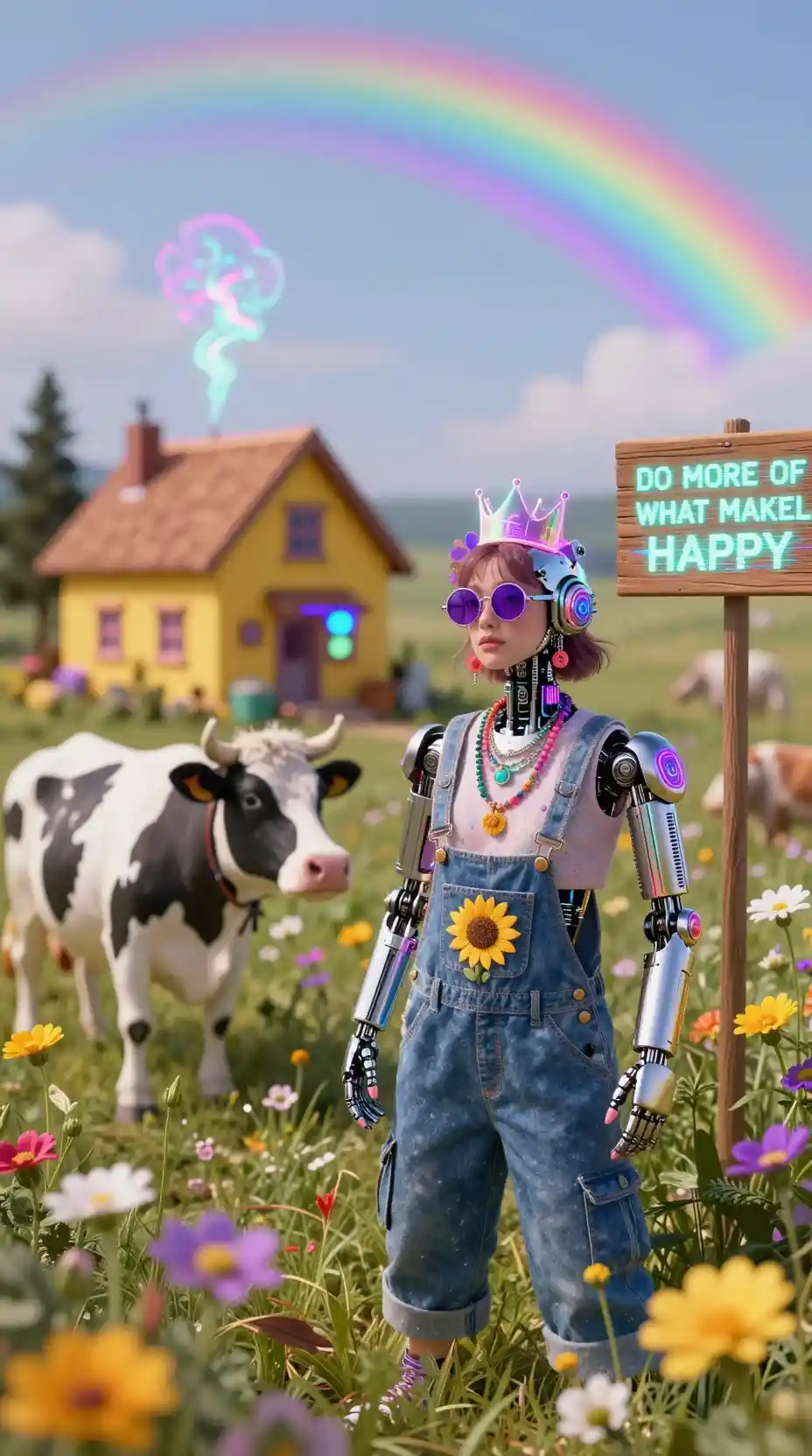 Bohemian woman in cyberpunk farm with neon robot