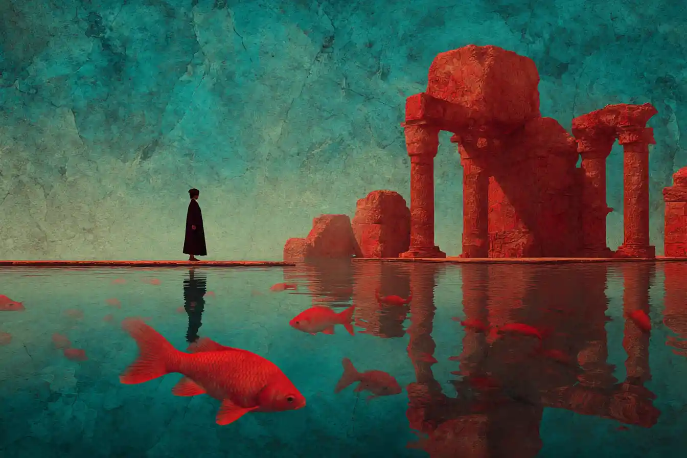 Surreal alien city of Atlantis in colorful cosmic style