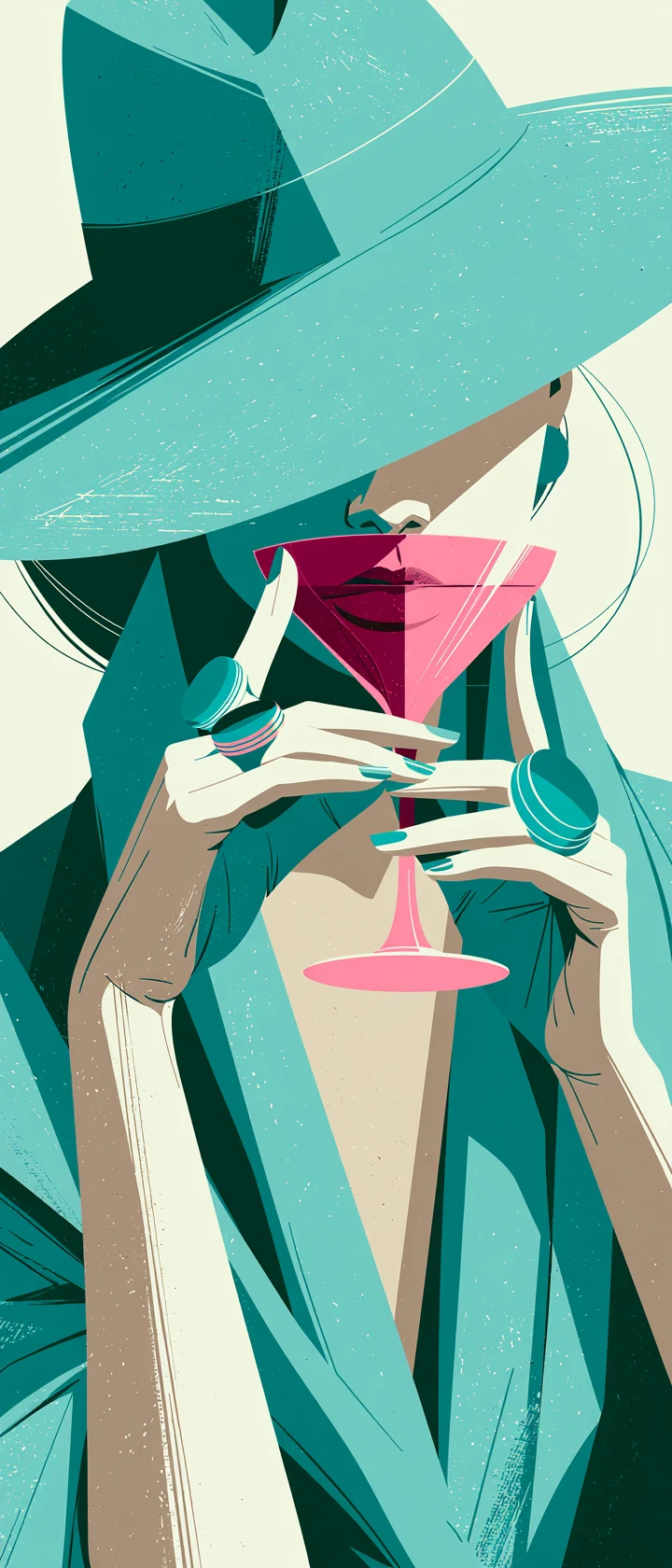 Mujer elegante con sombrero verde azulado disfrutando de un cóctel rosa