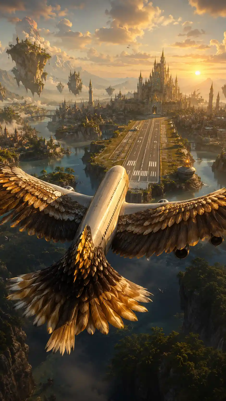 Majestic eagle wing airliner approaching fantasy castle runway