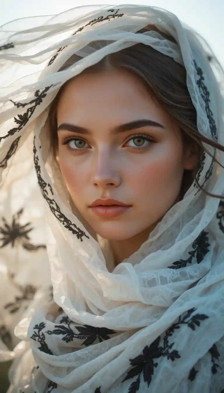 Slavic woman close up with flowing traditional white veils