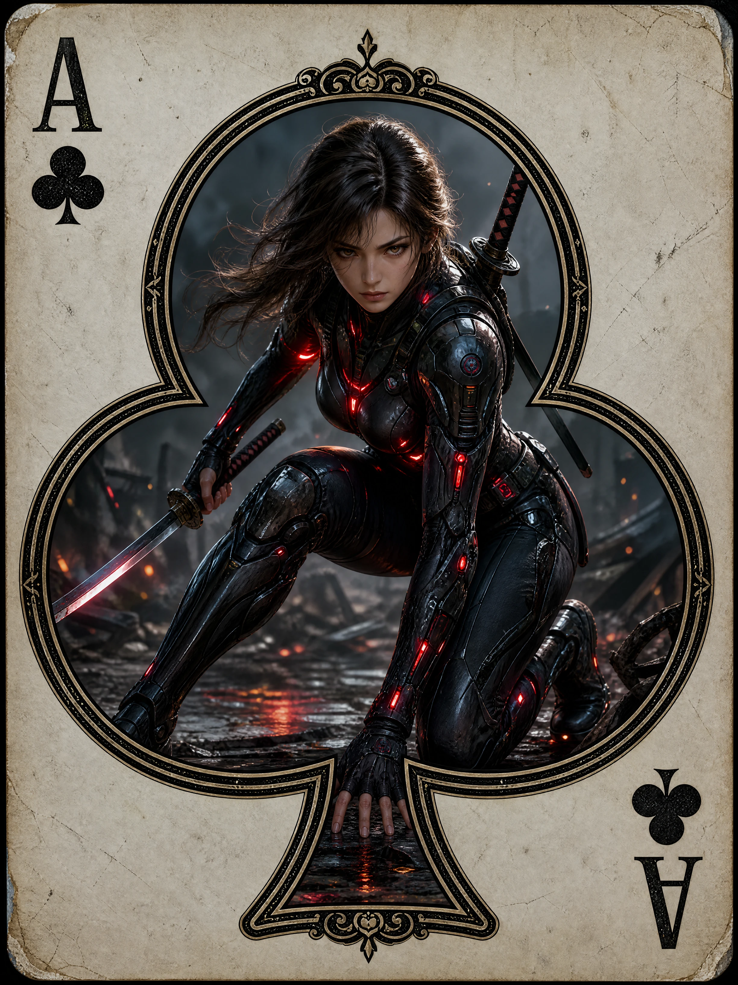 Cybernetic warrior woman crouched with katana in battle