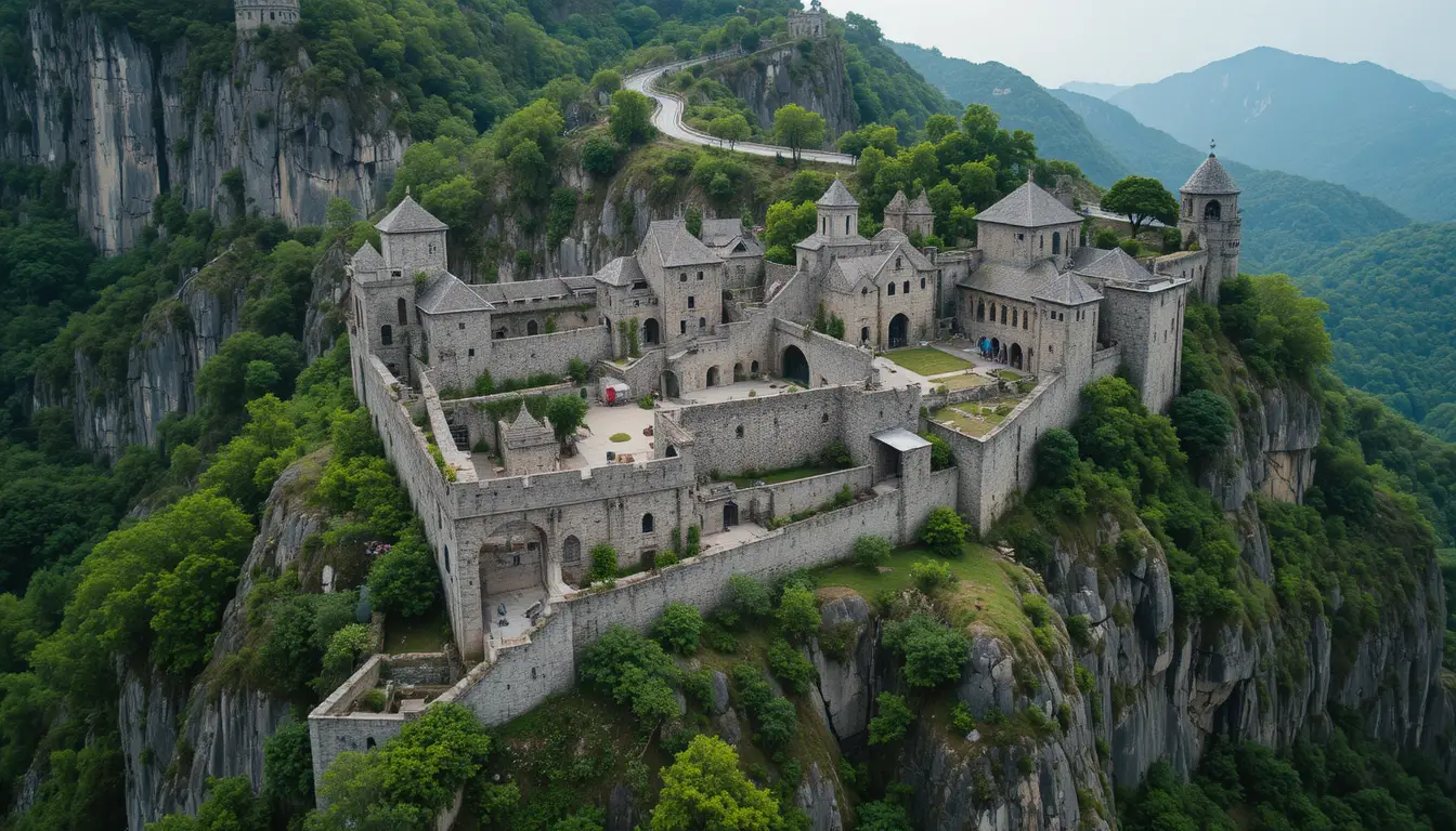 Vista aérea de una histórica fortaleza de piedra en la montaña