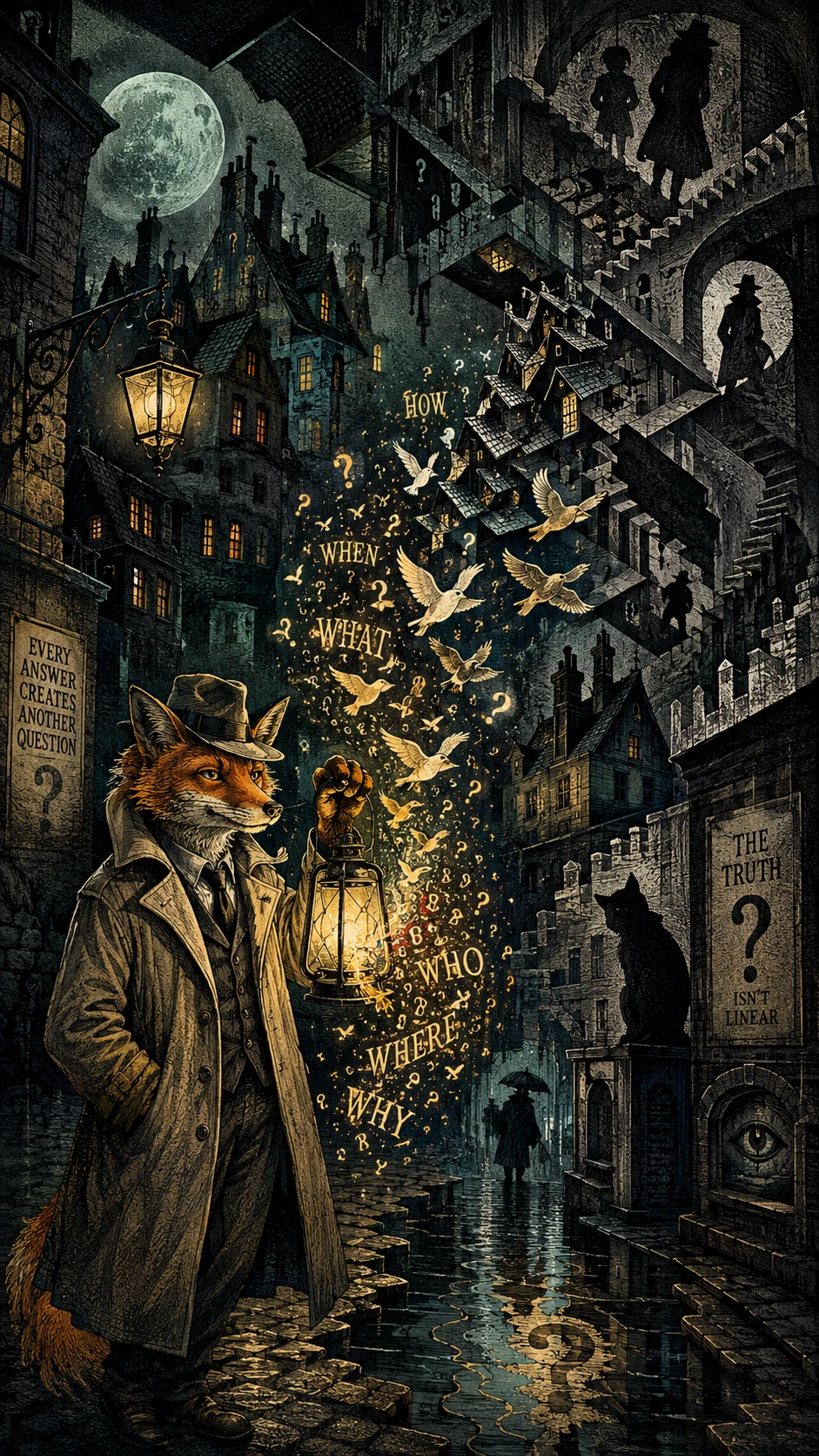 Detective fox with lantern in a crooked moonlit village