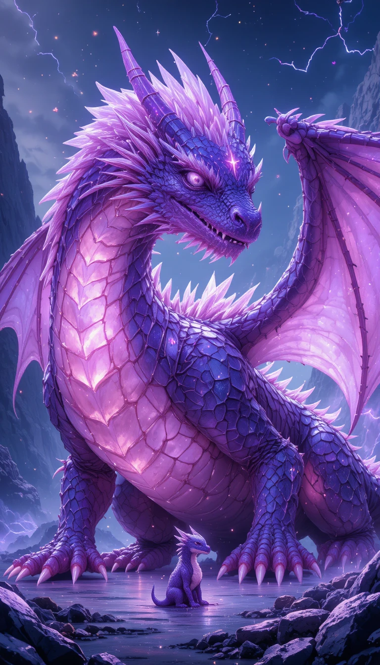 Sleeping crystal dragon with glowing purple mane