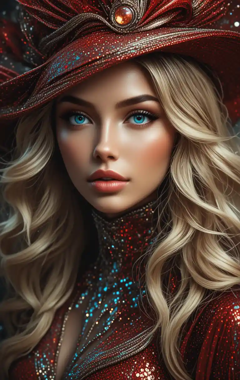 Glamorous woman in red with shimmering metallic colors