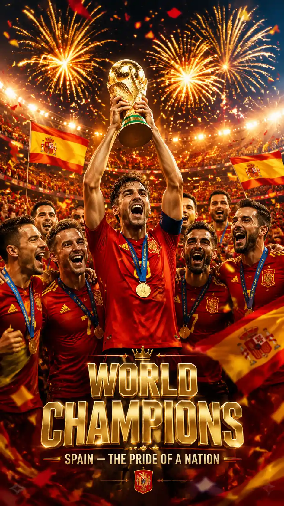 Spanish soccer champions lifting the world cup trophy