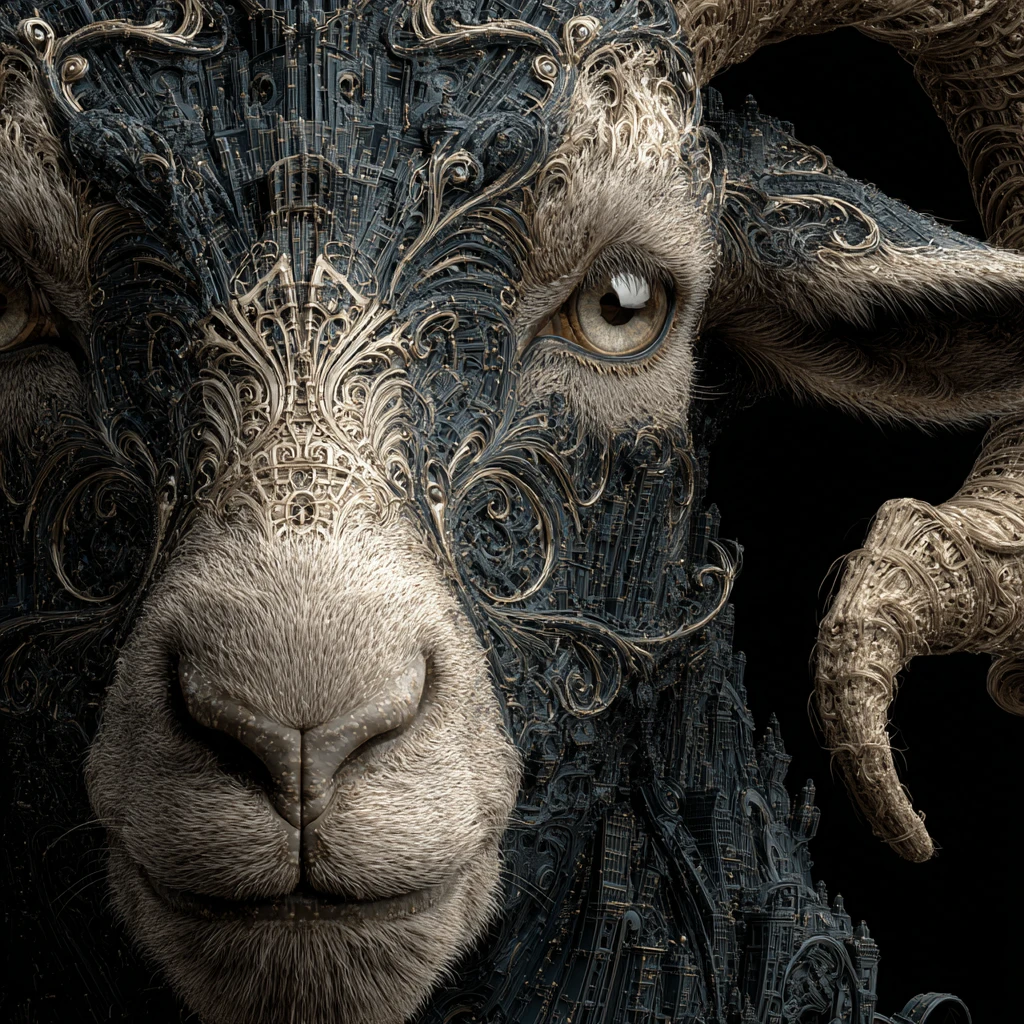 Close up goat portrait with cityscape reflected in eyes