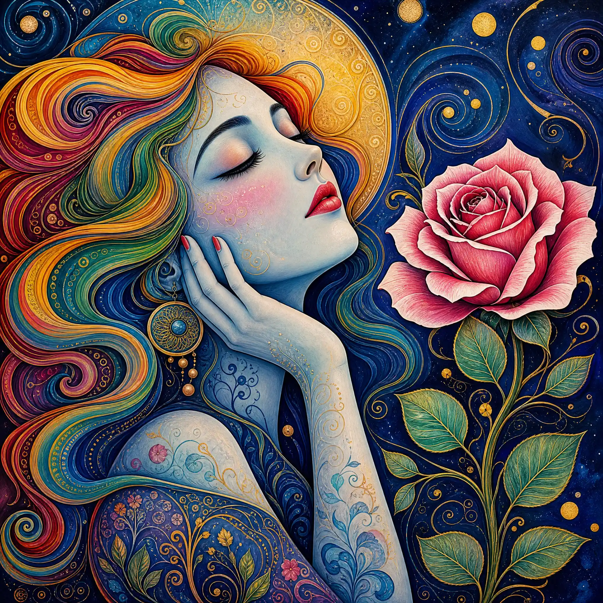 Dreamlike portrait of a serene woman with rainbow hair